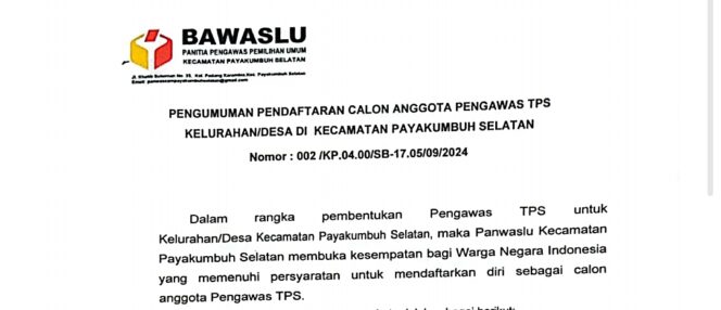 
					Panwaslu Kecamatan Payakumbuh Selatan Buka Rekrutmen Pengawas TPS Pilkada Serentak Tahun 2024